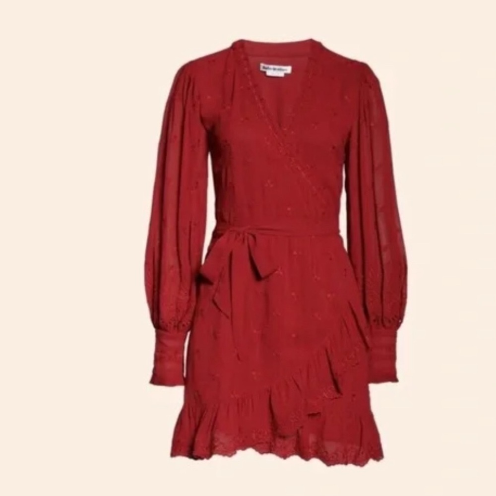 Reformation Clare Women’s Embroidered Red Short Ruffle Wrap Dress Size S